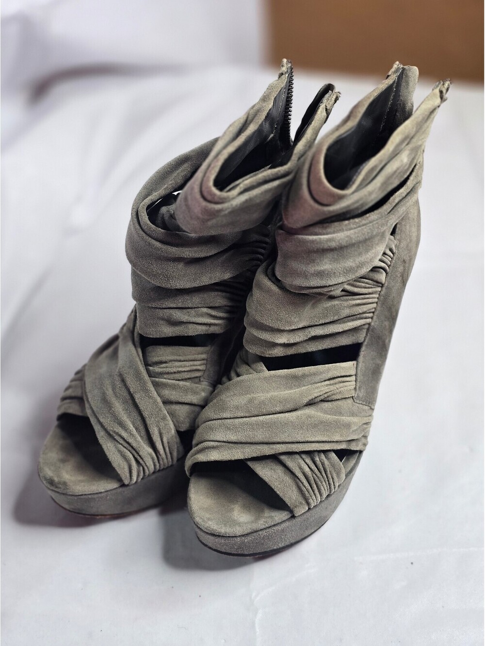 Joe's Gray Suede Open Toe Ankle Boots with Ruched Design